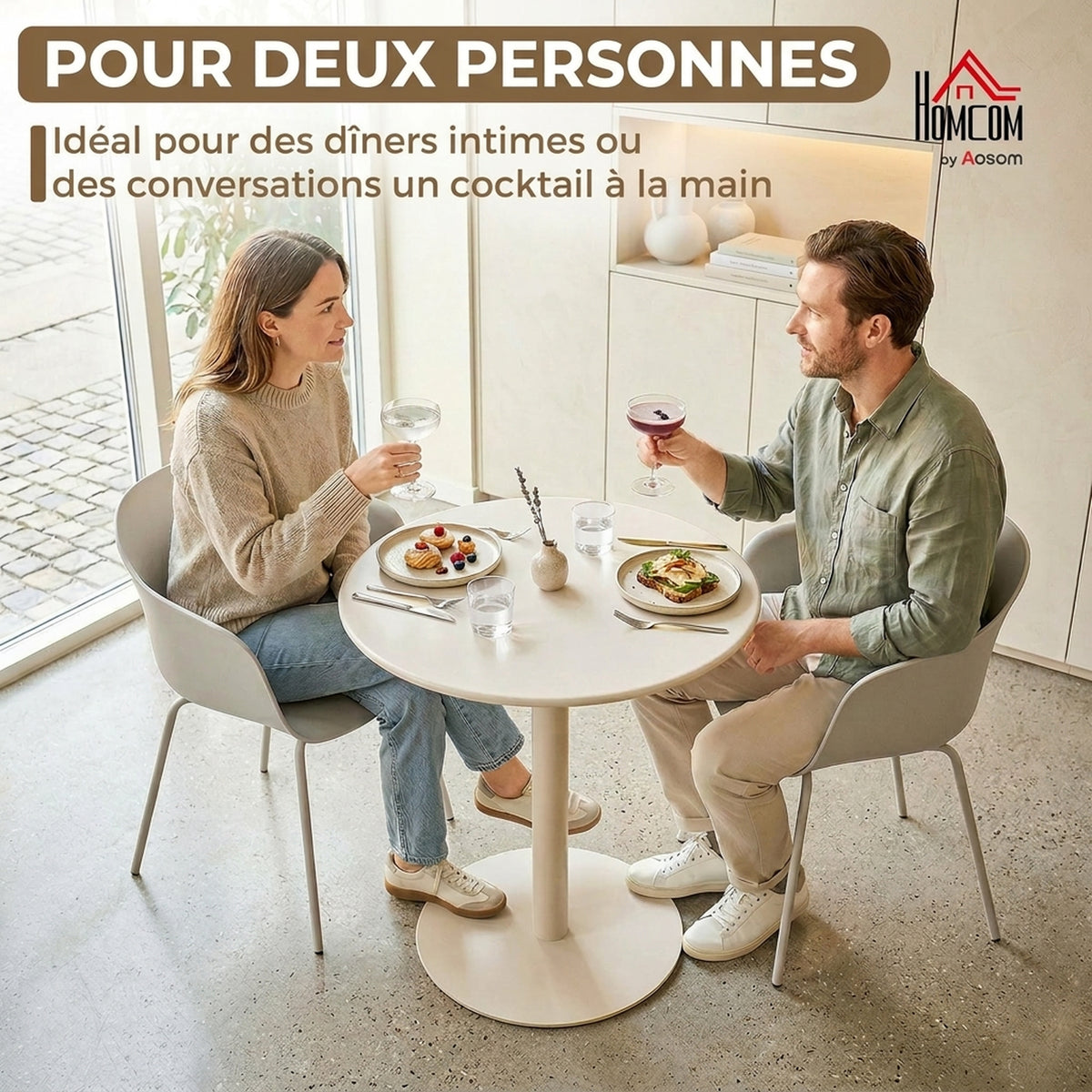 Table à Manger Ronde pour 2 Personnes Ø60 cm, Moderne avec Base Ronde, Cadre en Acier, pour Intérieur Extérieur, Beige-3