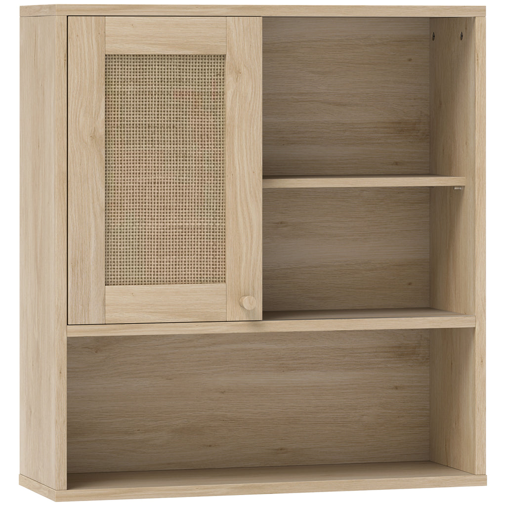 Armoire murale, meuble haut salle de bain avec porte coulissante en rotin et étagères ouvertes, bois naturel-0