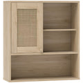 Armoire murale, meuble haut salle de bain avec porte coulissante en rotin et étagères ouvertes, bois naturel-0