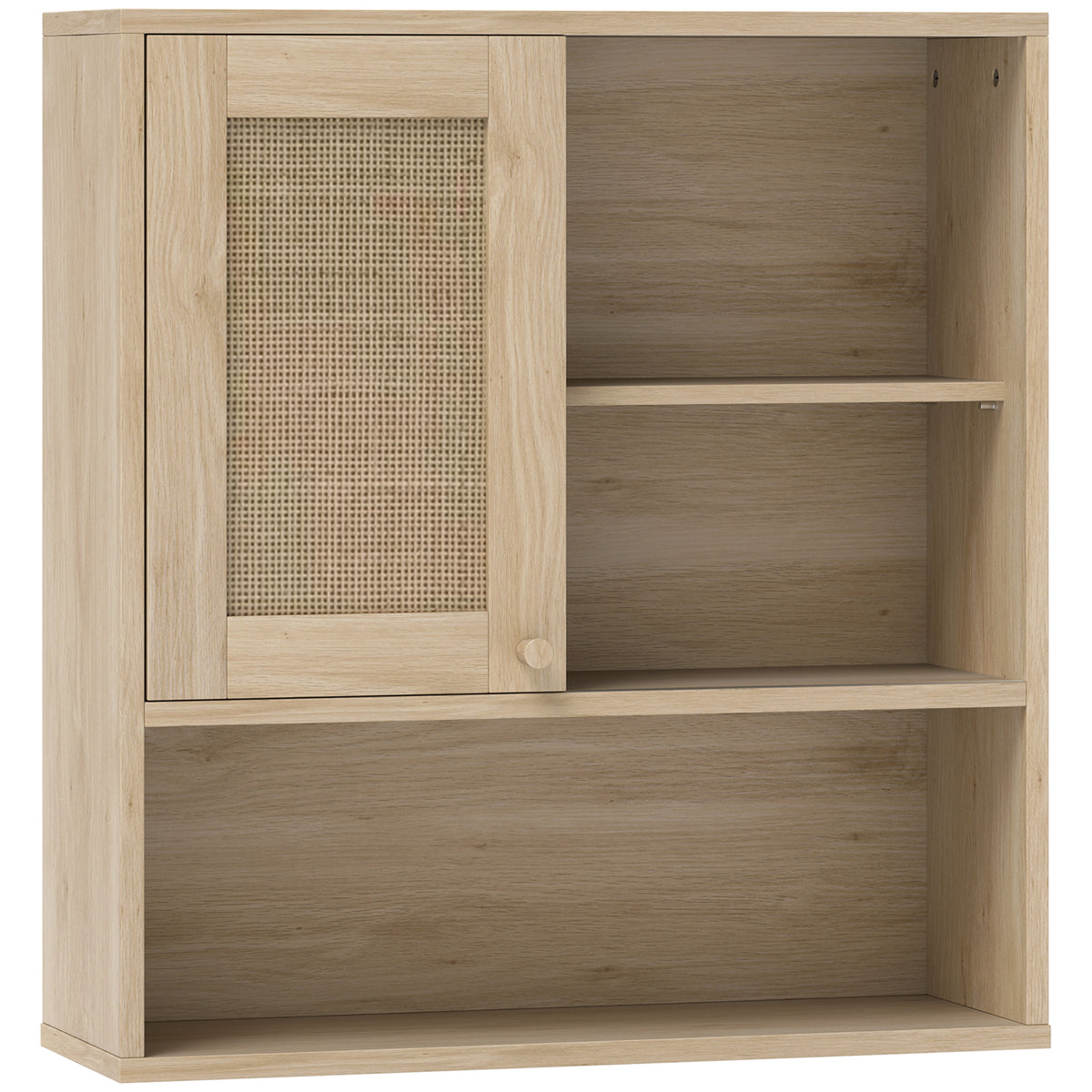 Armoire murale, meuble haut salle de bain avec porte coulissante en rotin et étagères ouvertes, bois naturel-0