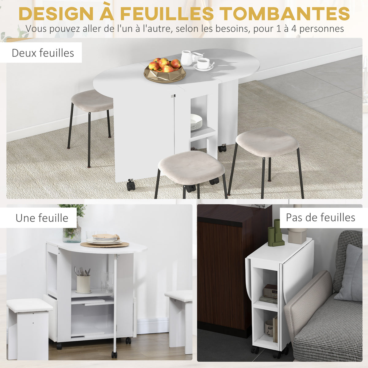 Table à manger pliante sur roulettes, table de cuisine pour 4 personnes, 2 abattants et 2 étagères, 120x60x77cm, blanc-3