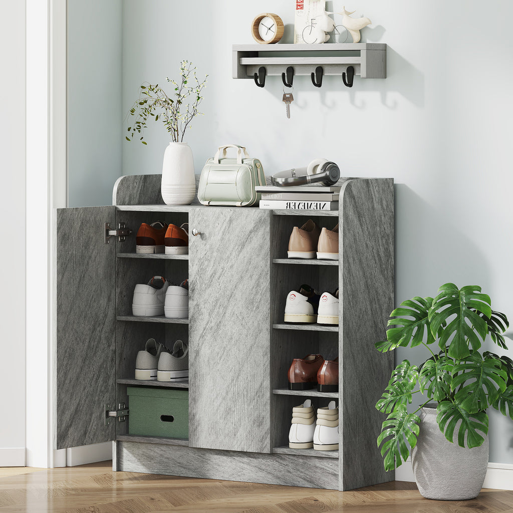 Meuble de rangement à chaussures pour entrée avec 4 compartiments ouverts et placard double porte - étagère réglable-8