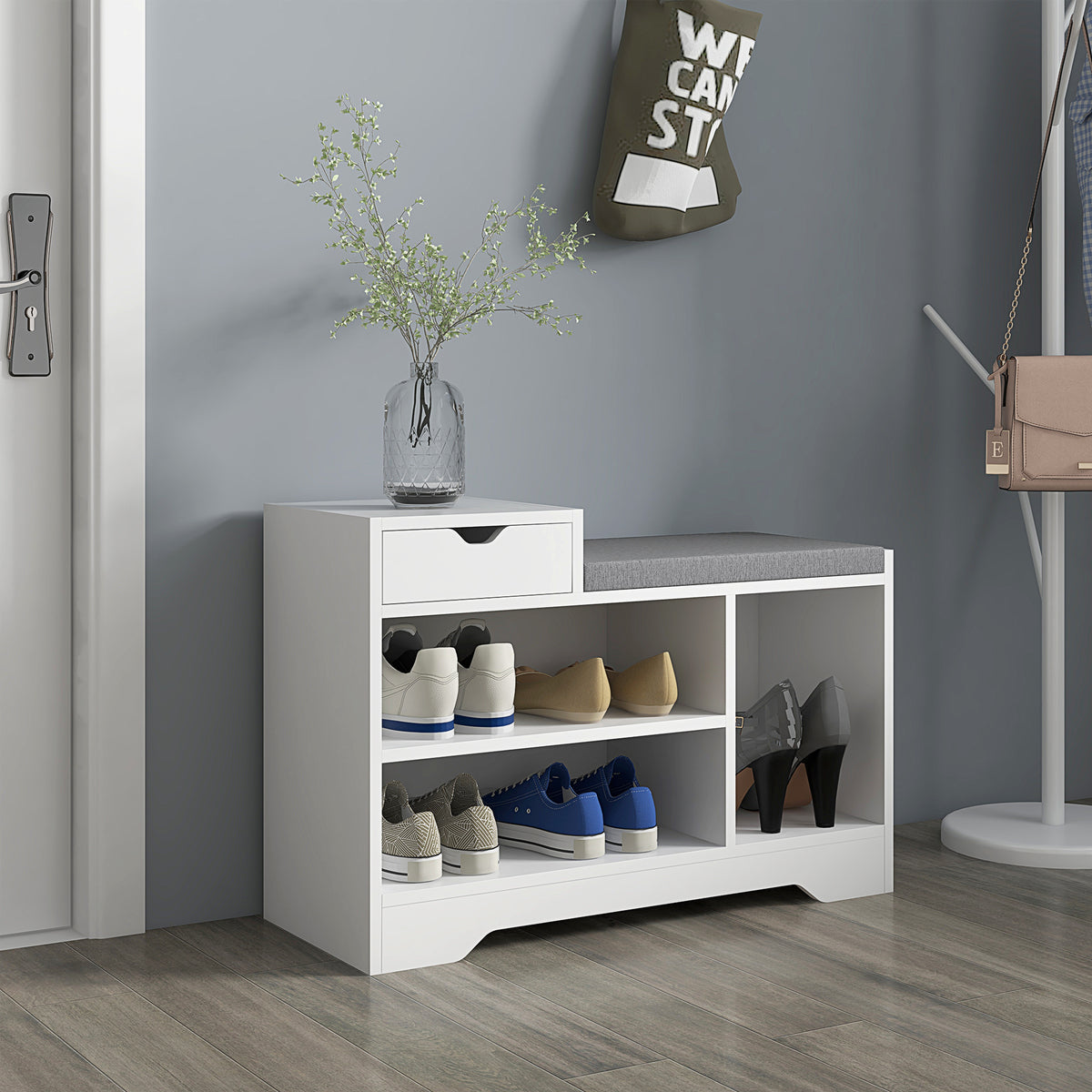 Meuble et banc à chaussures 1 tiroir et 3 compartiments, capacité 5 paires MDF, 76,5L x 30D x 52H cm-6