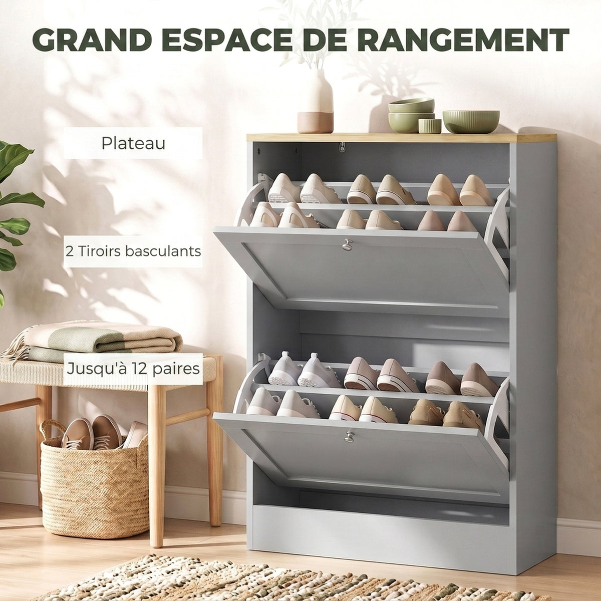Meuble à Chaussures 12 Paires, Meuble d'Entrée avec 2 Tiroirs Rabattables et Étagères Réglables, 60 x 23,5 x 80cm, Gris-3