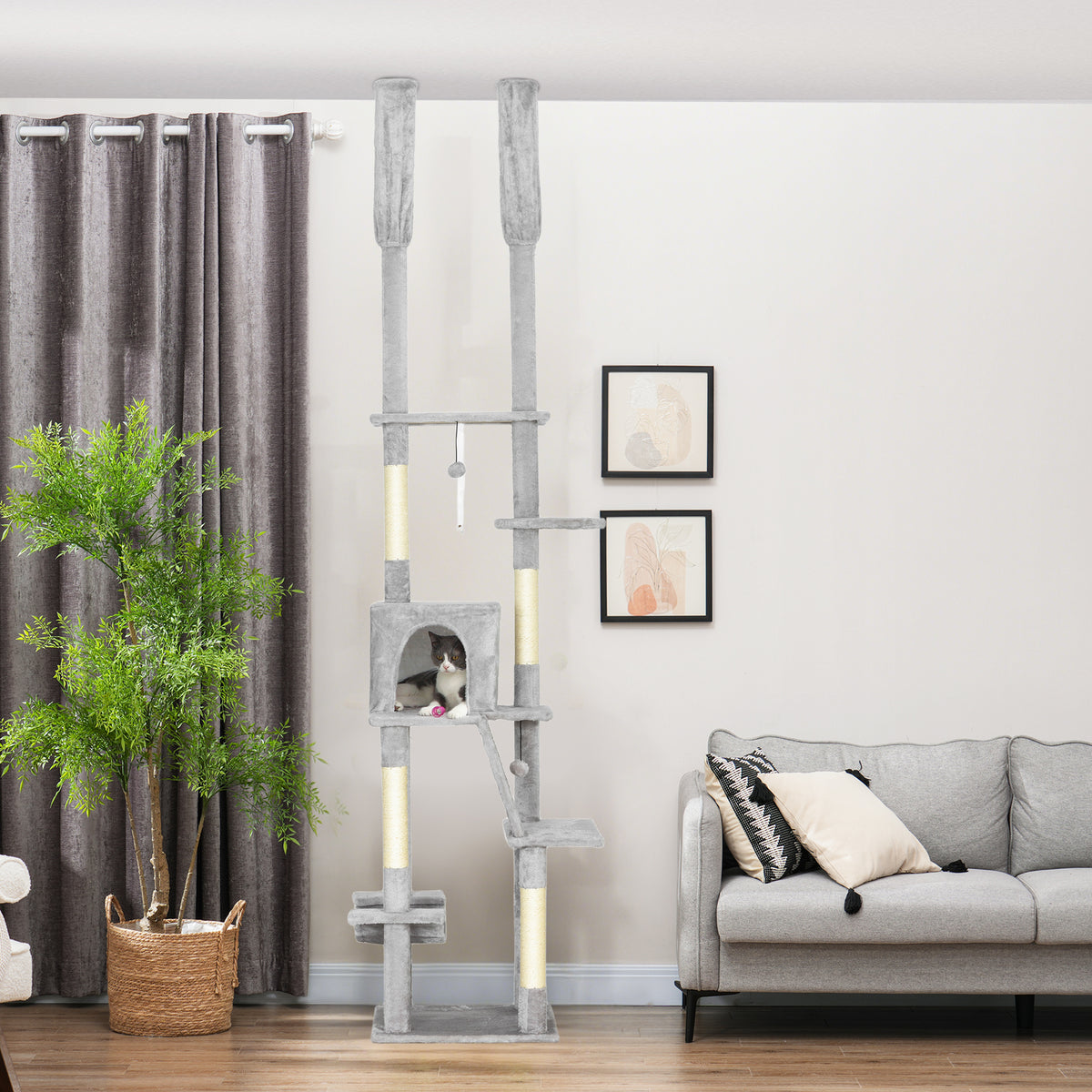 Arbre à chat du sol au plafond griffoir pour chat hauteur réglable 225-255 cm 6 niveaux avec niche hamac gris clair-9