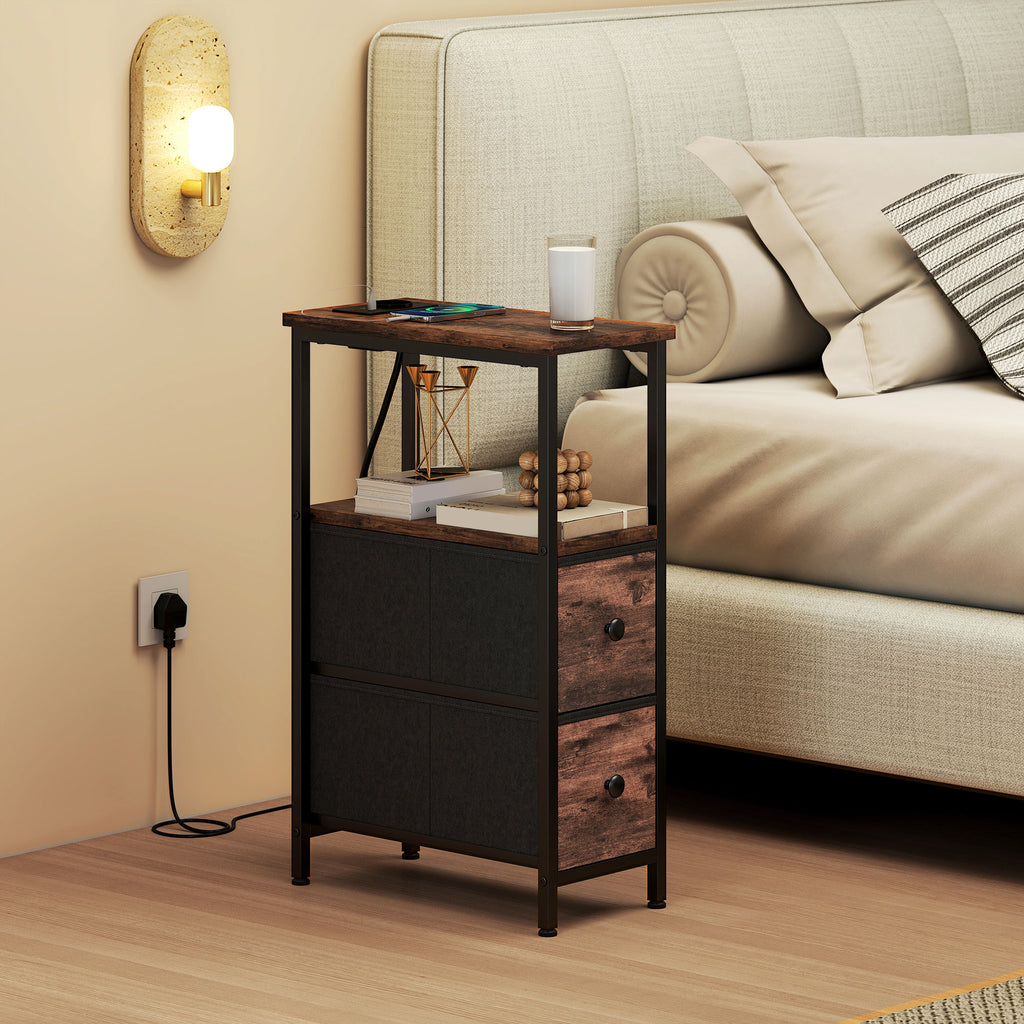 Table d'appoint avec station de charge, table de salon étroite avec 2 tiroirs en tissu, étagère ouverte, brun rustique-8