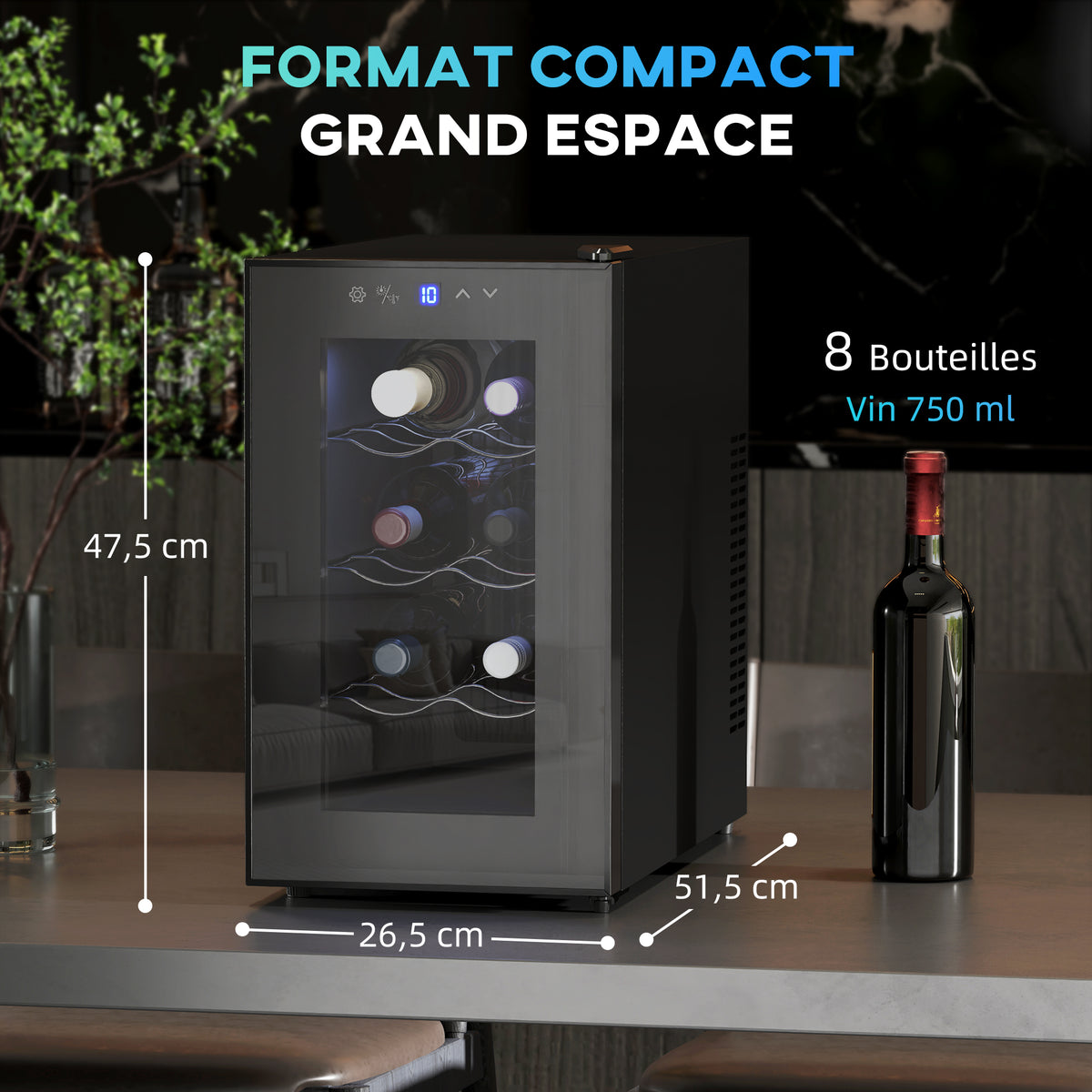 Cave à vin 8 bouteilles 21L, réfrigérateur à vin et boissons avec température réglable 8-18°C, porte en verre, noir-2