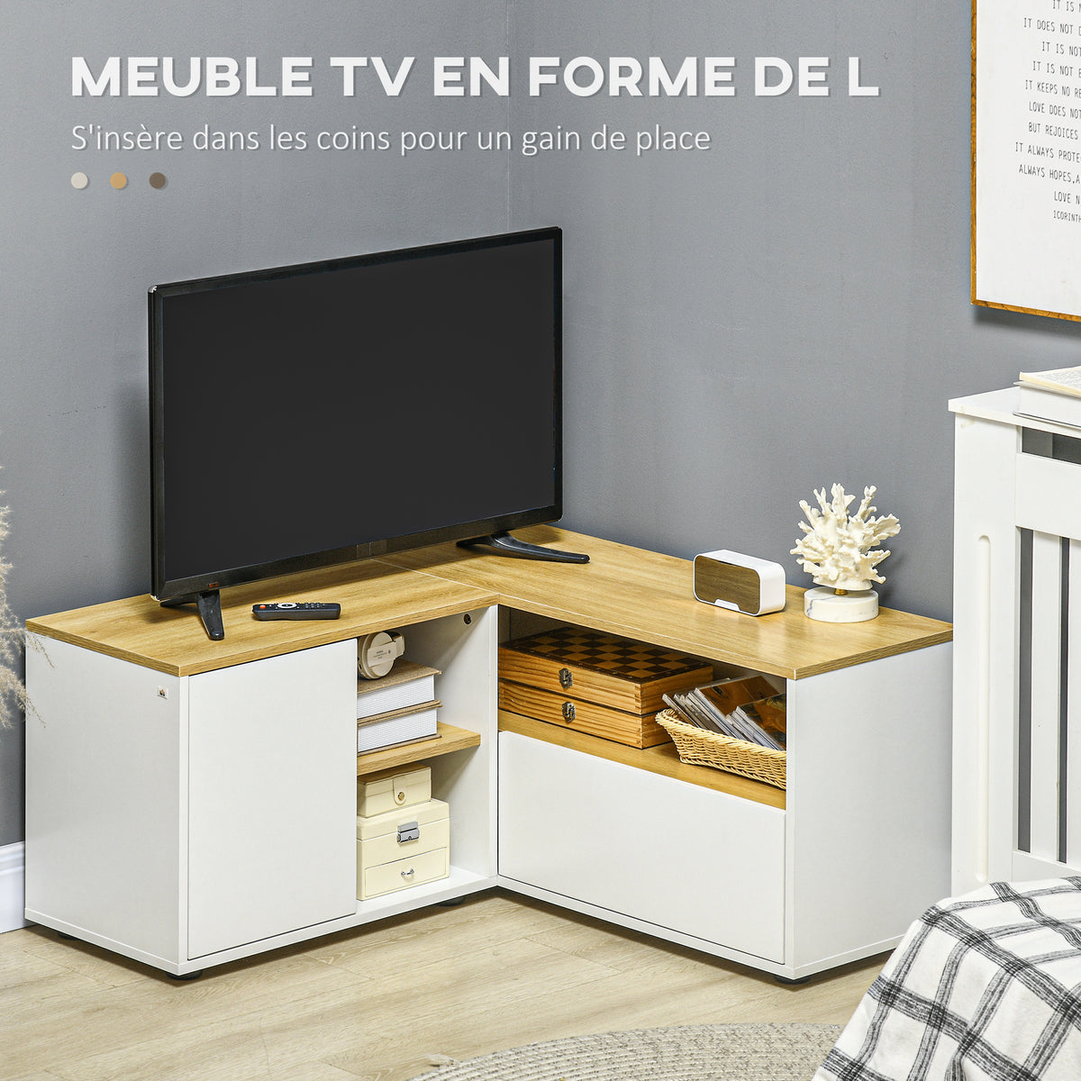 Meuble TV d'angle banc télévision jusqu'à 40 pouces avec rangements aspect bois clair et blanc-3
