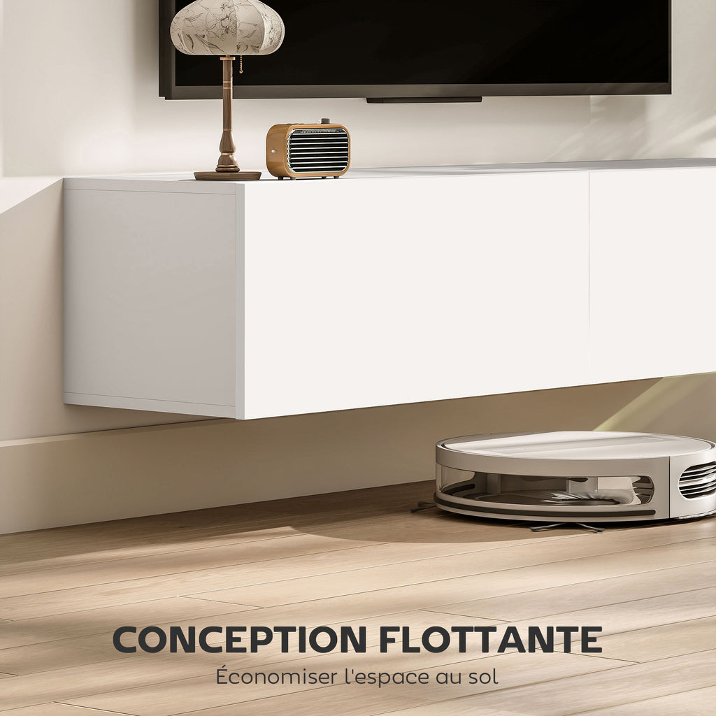 Meuble TV suspendu pour téléviseur jusqu'à 45 55 65 pouces avec 2 placards à portes, 140 x 33 x 29,8 cm, blanc-3