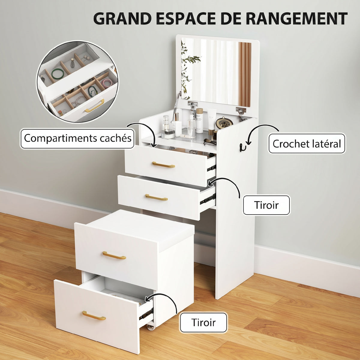 Coiffeuse avec miroir et tabouret 3 en 1, 3 tiroirs et plateau en verre visible, coussin rembourré, 48 x 40 x 90 cm, blanc-5