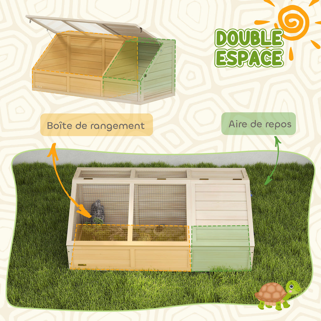 Maison enclos cage pour petit animal tortue en bois avec couvercle ouvrable, loquets, 2 espaces distincts, bois naturel-5