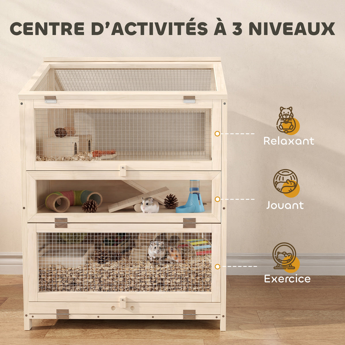 Cage Hamster 3 Étages en Bois avec Bac Amovible, Couvercle Ouvrant, Bascule, Cabane, Fenêtre, 68x61,5x90cm, Naturel-3