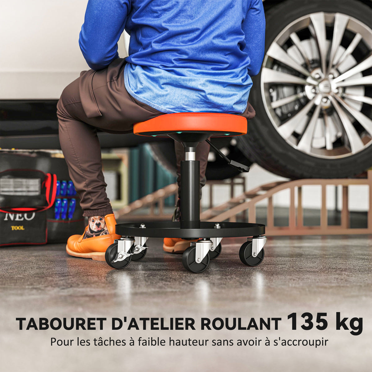 Tabouret d'atelier à 5 roulettes pivotantes 360°, hauteur réglable 38-50 cm, avec plateau, 38 x 38 x 38-50 cm, orange-3