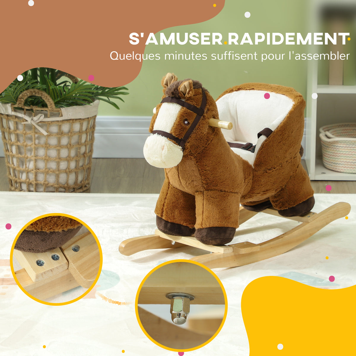 Cheval à bascule pour enfants jouet à bascule bébé de 18 à 36 mois avec effet sonore base en bois ceinture de sécurité-6