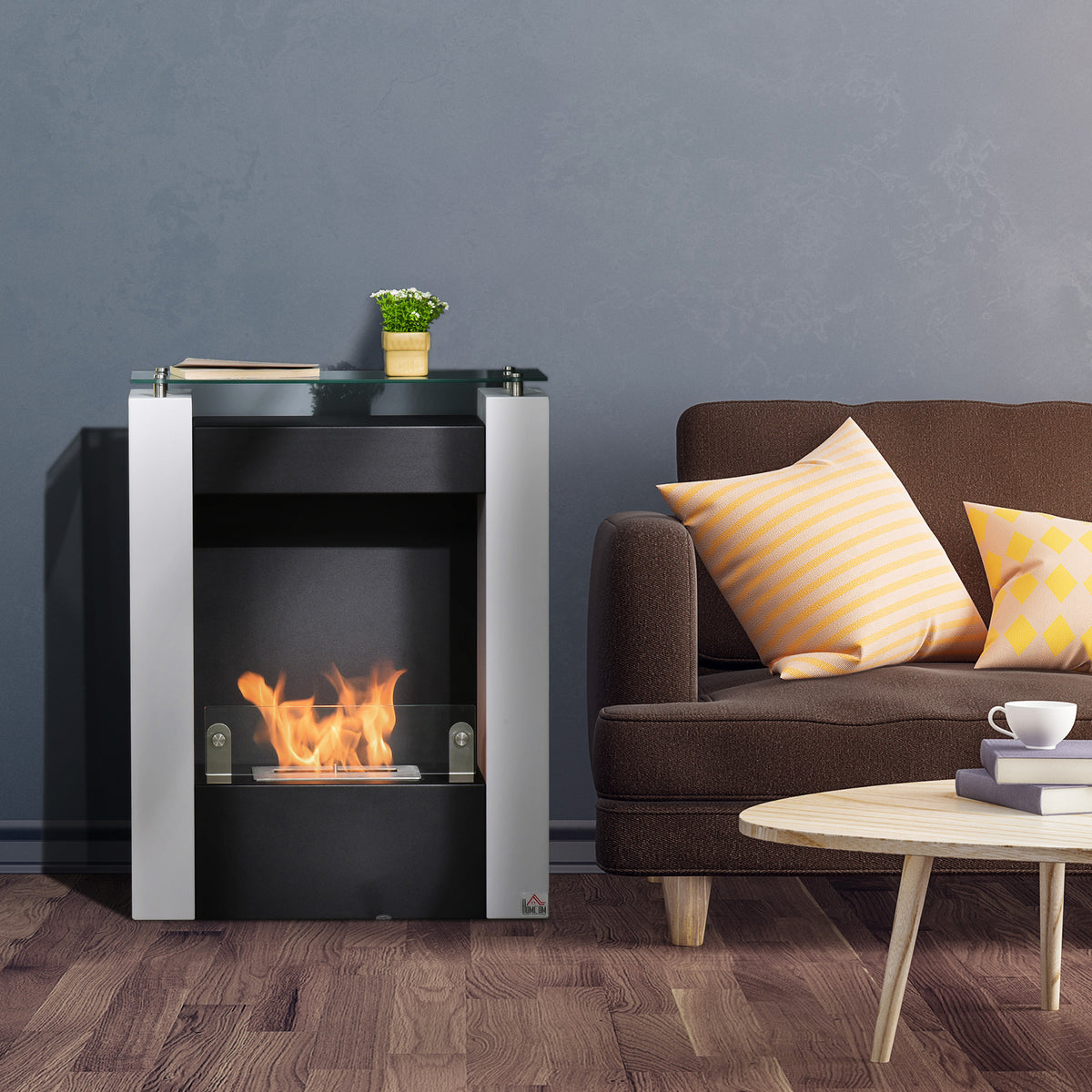 Cheminée bioéthanol brûleur 0,9 L avec plateau de rangement en verre trempé 60 x 20 x 79 cm Acier Noir et Blanc-1