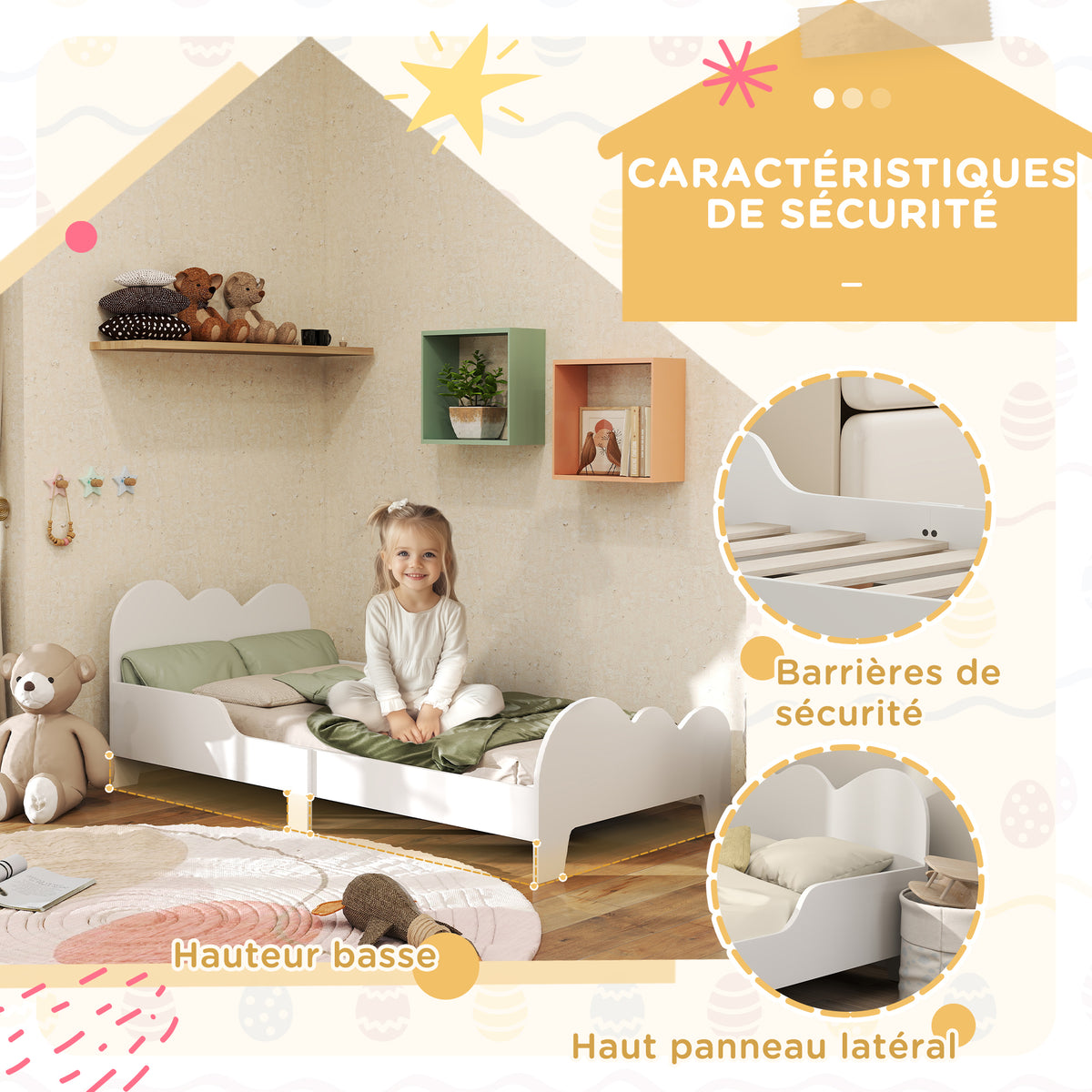 Lit enfant lit au sol enfant 70x140 cm avec barrière de sécurité, sommier à lattes inclus et décorations de nuage, blanc-3