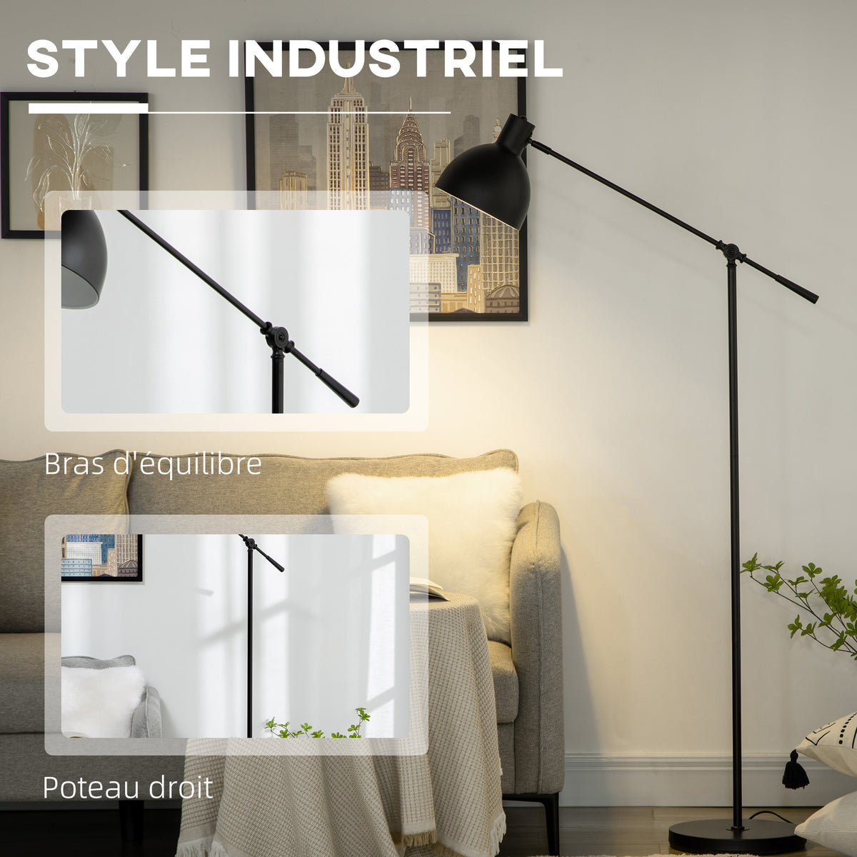 Lampadaire sur pied salon 40 W hauteur réglable, abat-jour et bras orientable, interrupteur à pied, culot E27, noir-4
