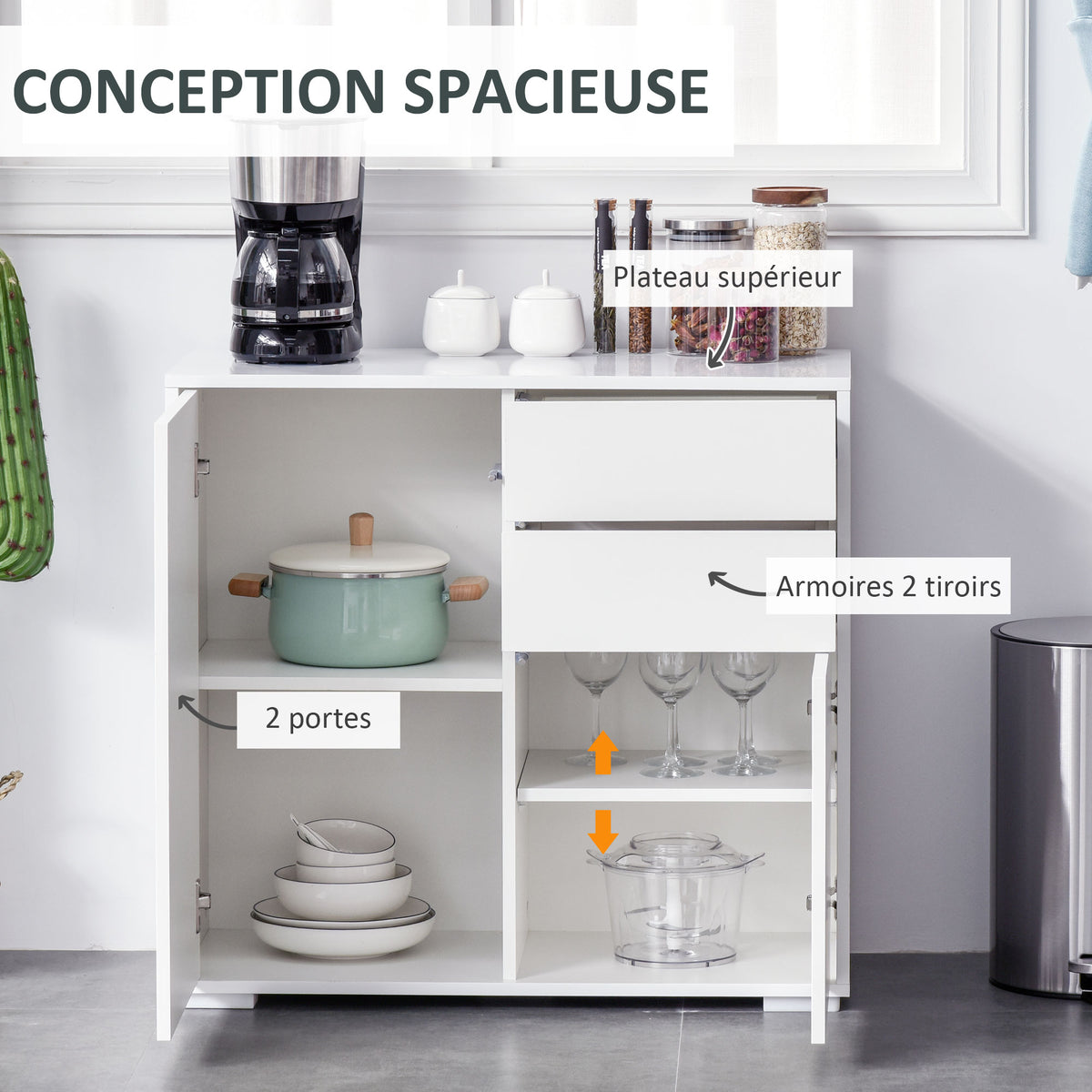 Commode Buffet Meuble de Rangement 2 tiroirs 2 Portes avec étagère 79 x 36 x 74 cm Blanc brillant-3
