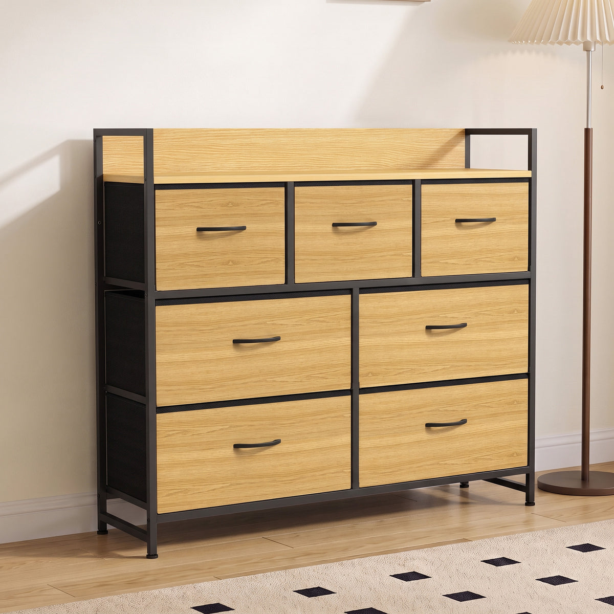 Commode 7 Tiroirs en Tissu Pliables, Commode Chambre Adulte avec Plateau Supérieur et Cadre en Acier, chêne-1