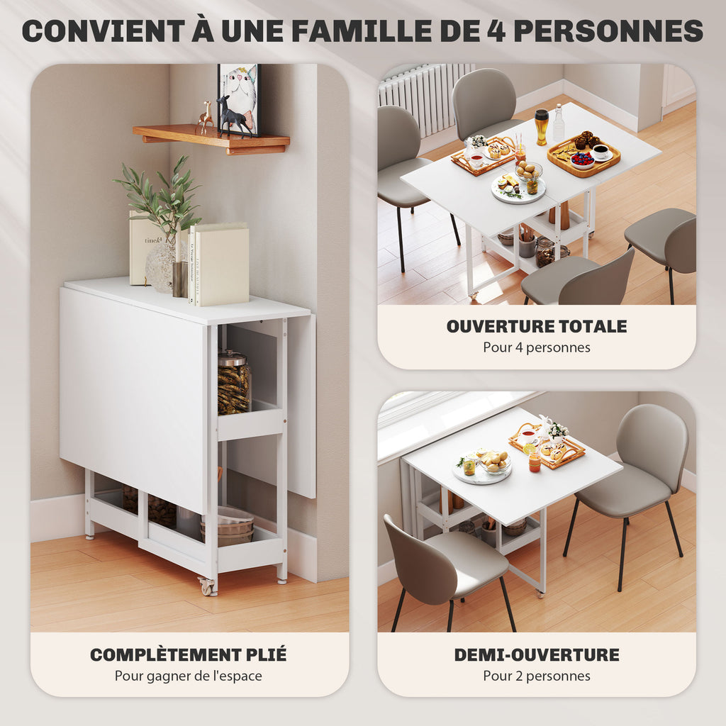 Table à manger pliante sur roulettes 4 personnes avec compartiments ouverts, pour petits espaces, salle à manger, blanc-3