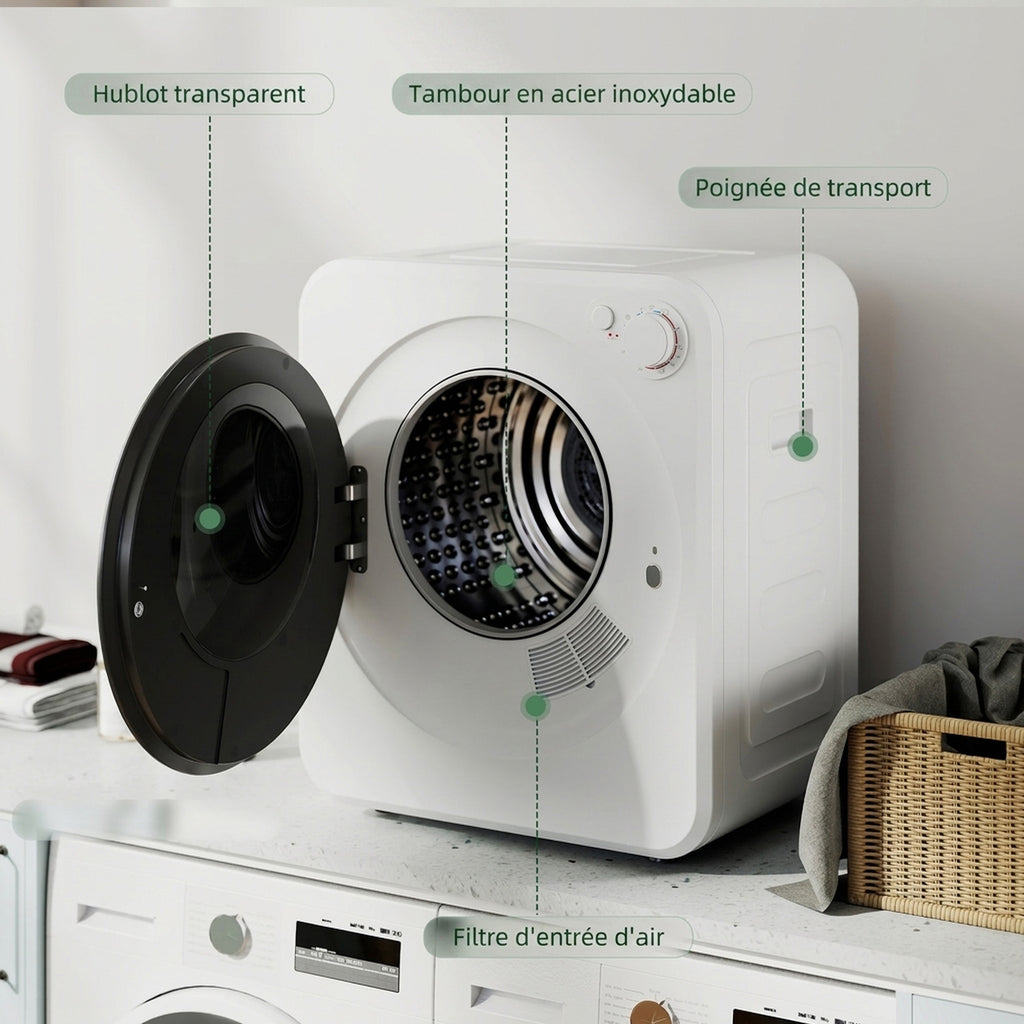 Sèche-linge à évacuation portable 2,5 Kg, sèche-linge électrique 400/800 W, 5 modes de séchage, 48 x 44 x 57 cm, blanc-6