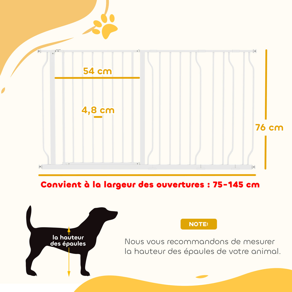 Barrière de sécurité chien barrière extensible 75-145 x 76 cm barrière escaliers couloirs portes sans perçage en acier et ABS blanc-2
