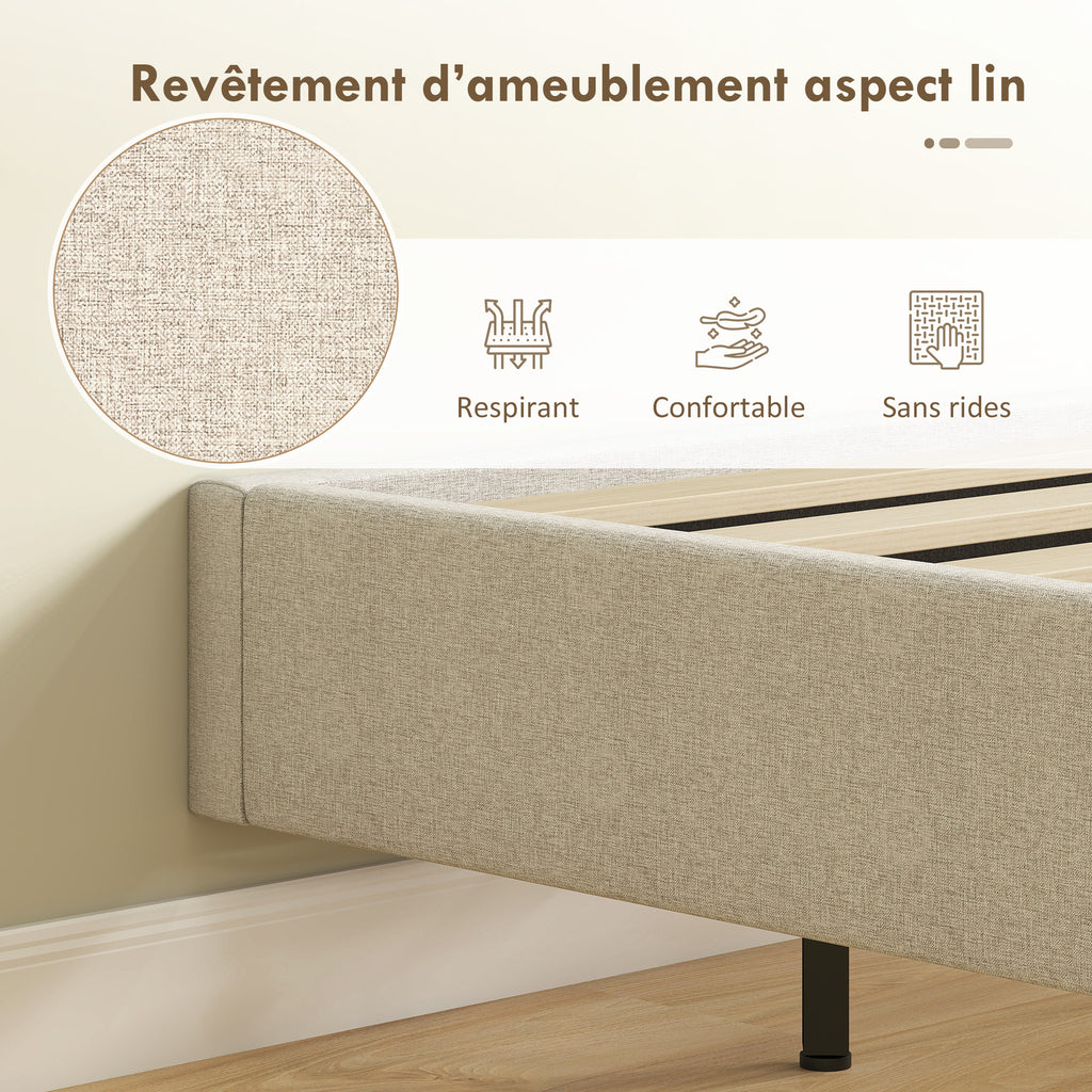 Cadre de lit flottant 140 x 190 cm avec éclairage LED, lit double rembourré en lin, sommier à lattes en bois, beige-5