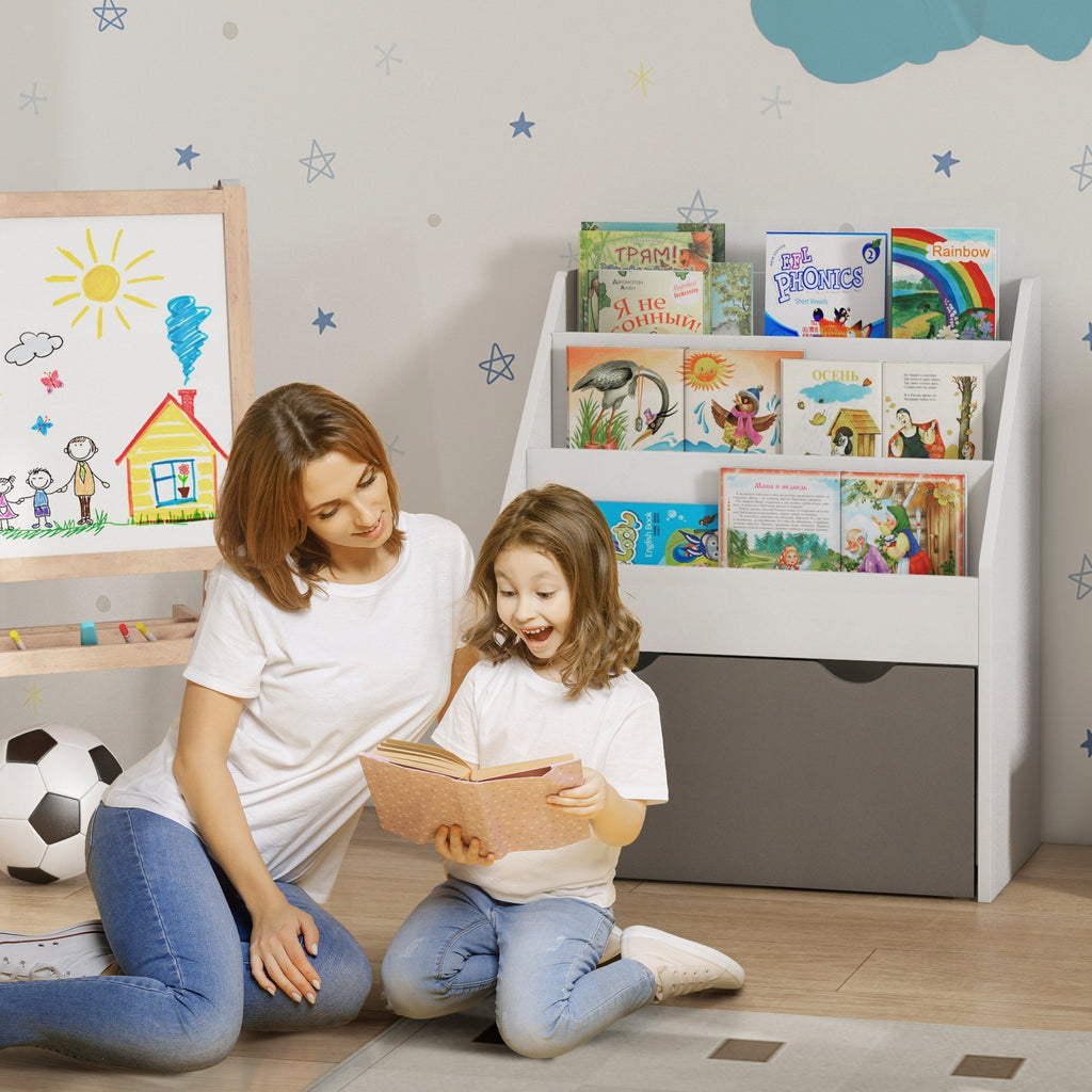 Bibliothèque pour enfants Multi-Rangement avec 3 niveaux d'étagères et un tiroir, 62,5L x 30l x 70H cm, gris et blanc-1