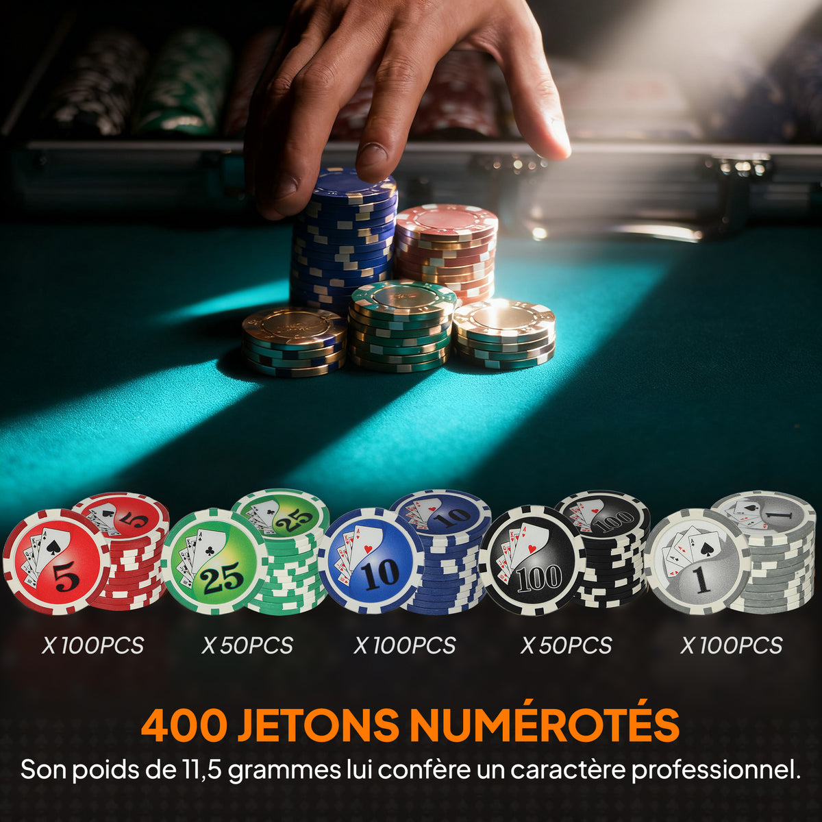 Mallette de poker coffret de poker complet 400 jetons, boîtier en ABS, cartes à jouer, dés, dealer, tapis, clés-4