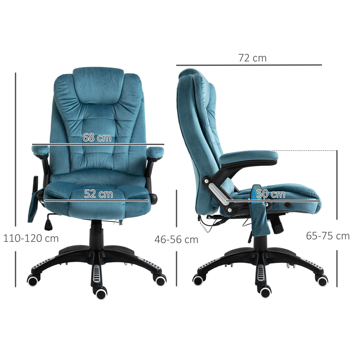 Fauteuil de bureau massant et chauffant, chaise de bureau, chaise ergonomique avec hauteur réglable, dossier inclinable et télécommande filaire, pivotant à 360° tissu en polyester bleu-2