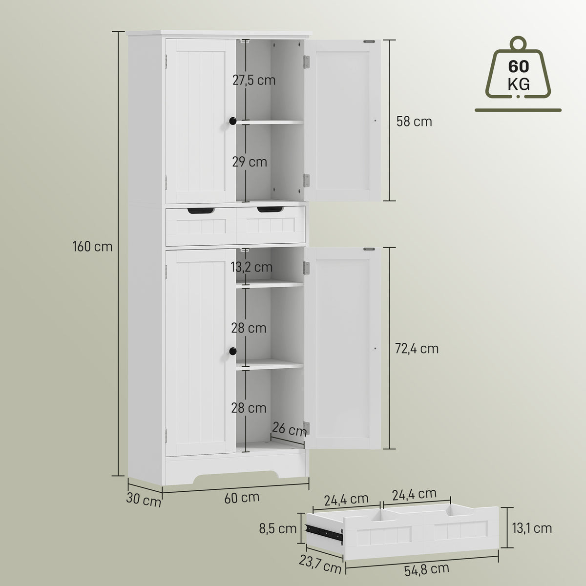 Meuble de salle de bain, meuble de rangement avec tiroir et 4 portes, style moderne, 60 x 30 x 160 cm, blanc-2