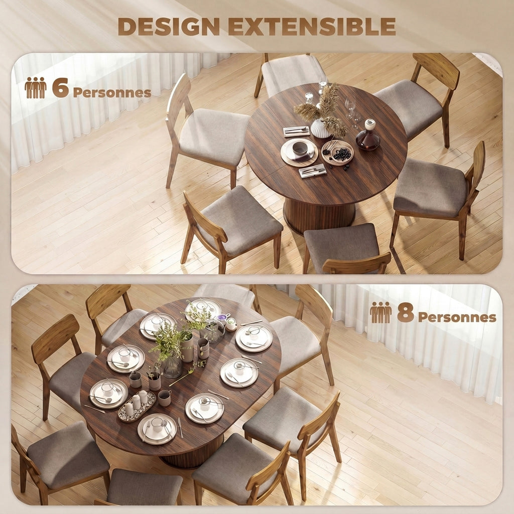 Table à Manger Extensible pour 6 à 8 Personnes, 110-150 cm, Table de Cuisine Ovale avec Piètement Central Rond, Noyer-3