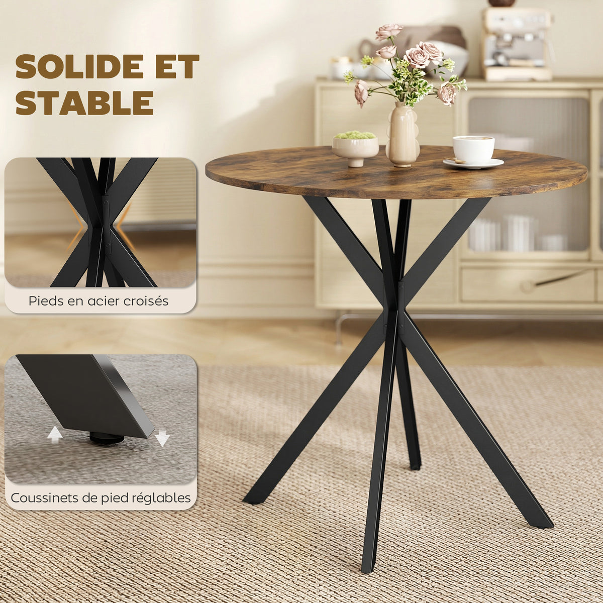 Table à Manger Ronde pour 2 Personnes avec Plateau Aspect Bois et Piètement Croisé en Acier, Brun Rustique-5
