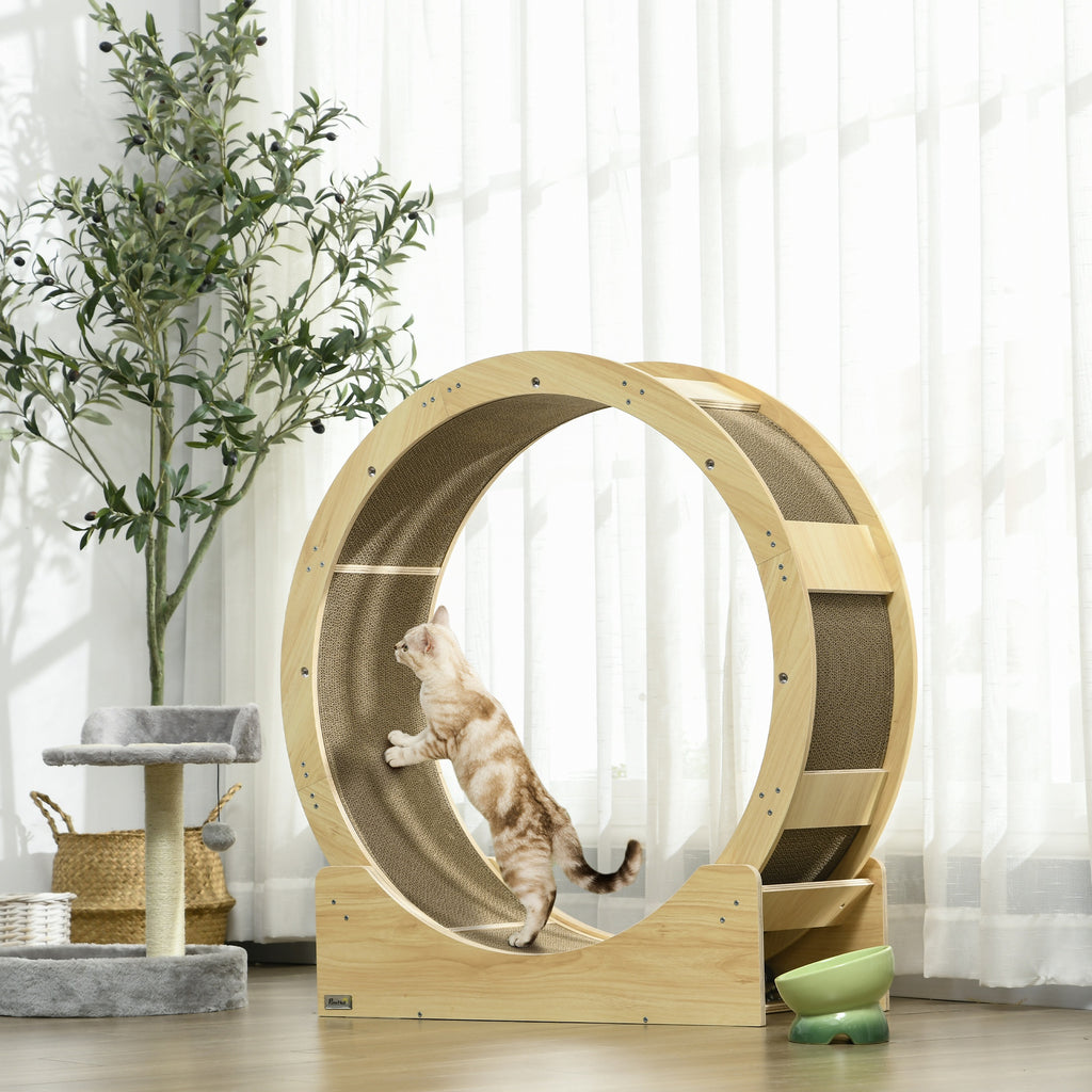 Roue de course pour chat d'intérieur tapis roulant avec frein coussins de grattage diamètre 91 cm naturel-1