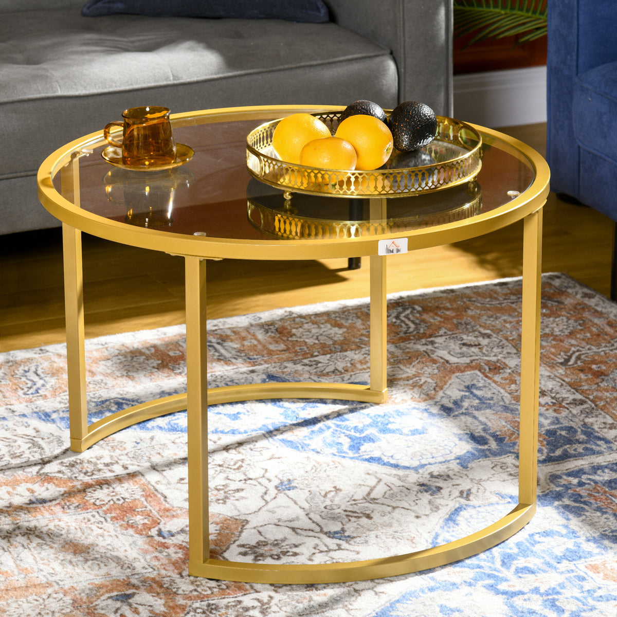 Lot de 2 tables basses gigognes rondes plateau verre trempé et pied en acier au carbone doré-6