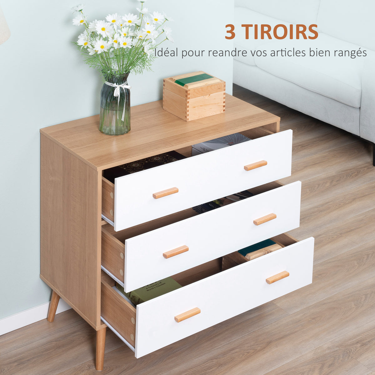Commode Design scandinave 3 tiroirs coulissants Pieds effilés inclinés Panneaux Particules Aspect Bois Clair-3