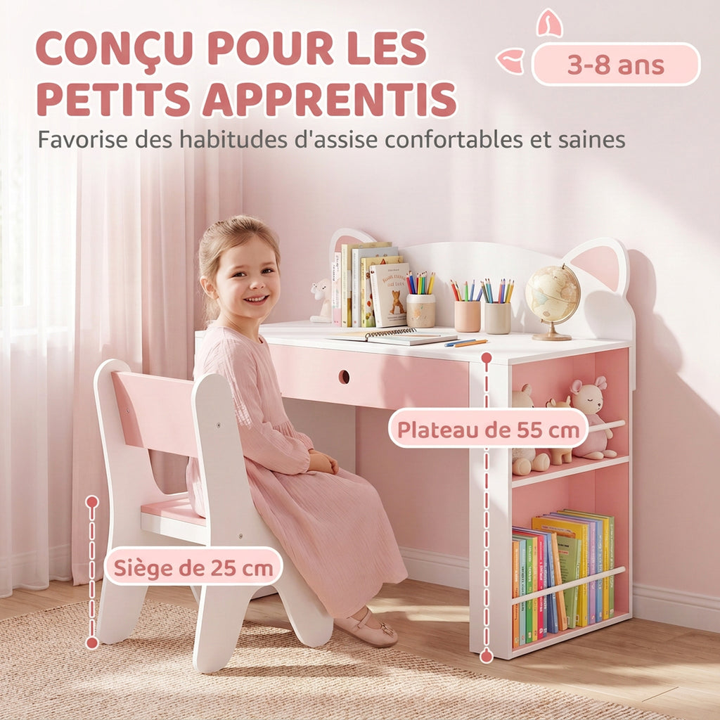 Bureau et Chaise pour Enfant 2 Pièces, Ensemble Table d'Activité, Tiroir, Bibliothèque pour Dessin, Lecture, Blanc Rose-5