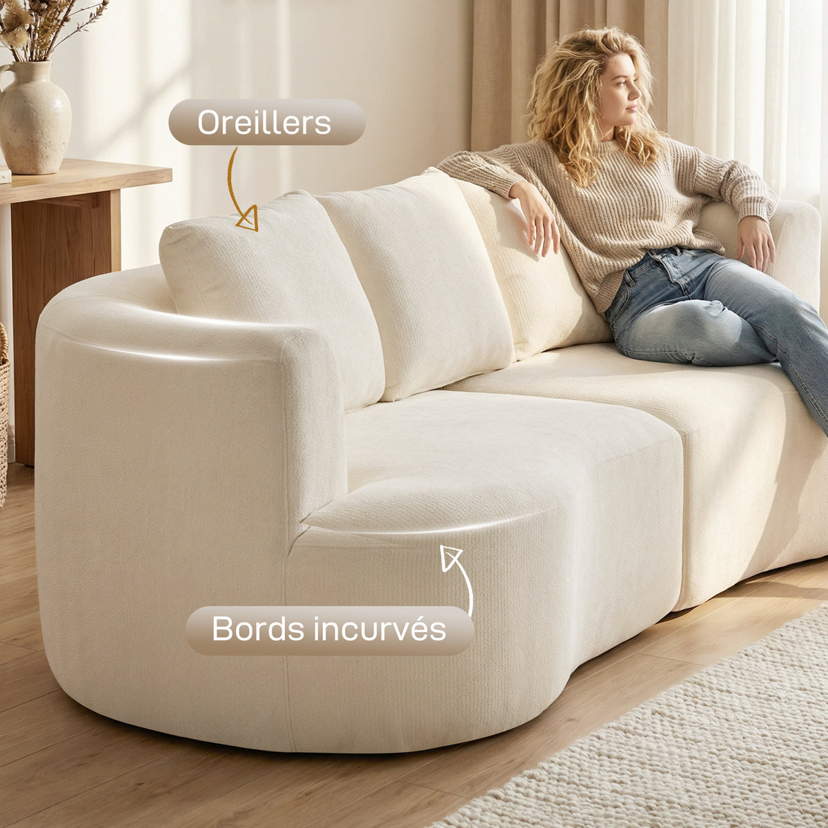 Canapé 3 places en chenille 260 cm, canapé salon, assise large, 3 coussins, pas de montage nécessaire, crème-5