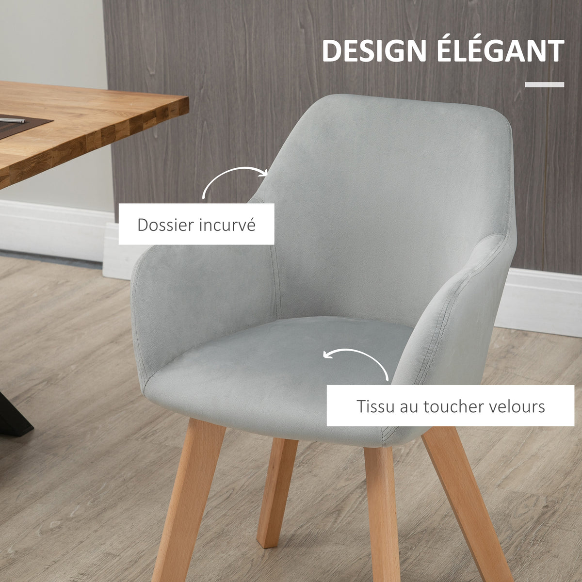 Lot de 2 chaises de salle à manger Fauteuil Assise rembourrée en tissu effet velours Pieds en bois, gris-4