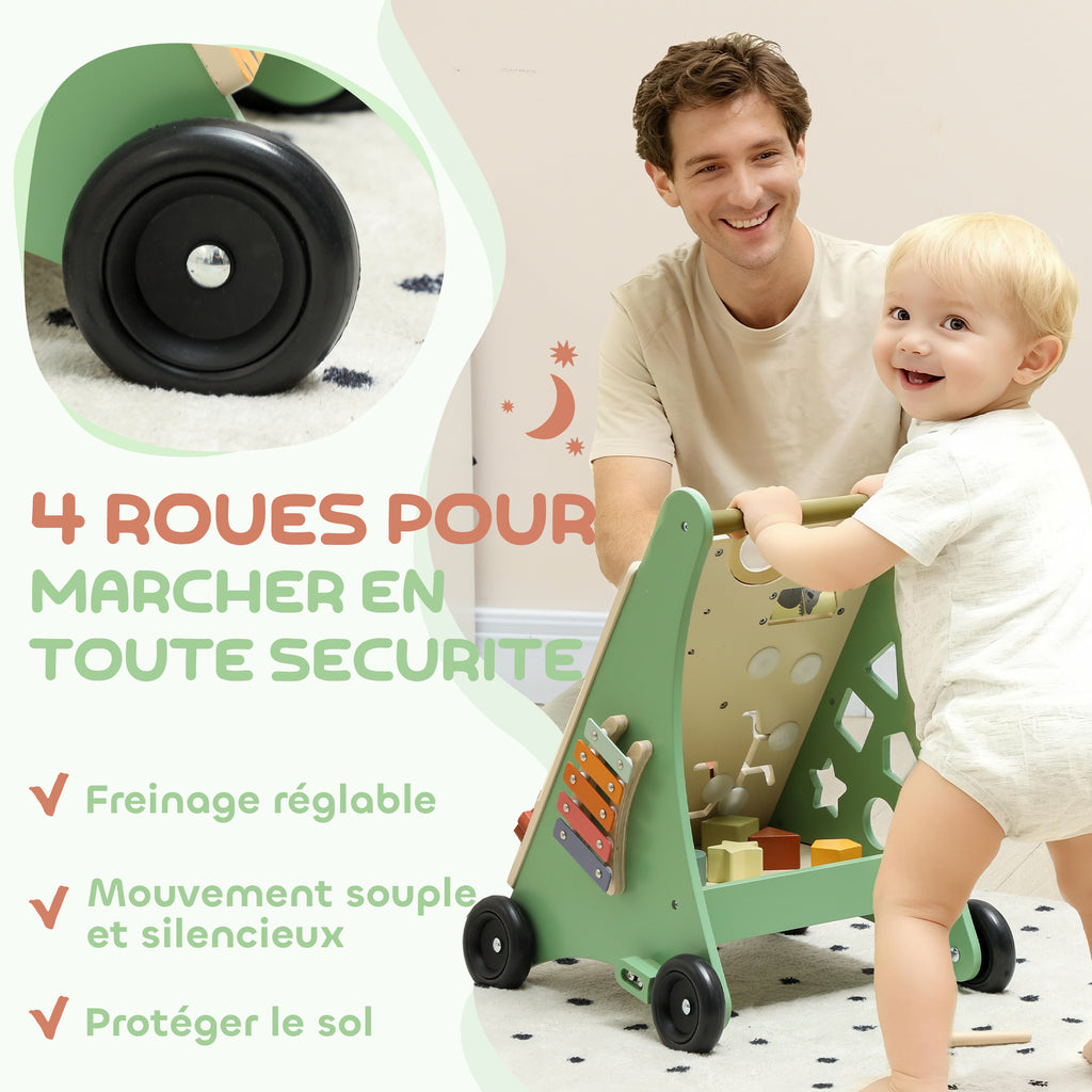 Trotteur en bois pour bébé 18+ mois, chariot de marche, contrôle de vitesse, centre d'activités, 33,5x36x46,8cm, vert-5