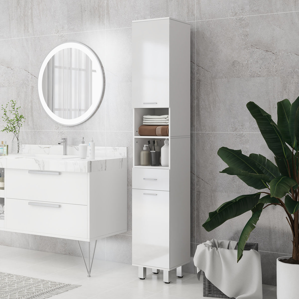 Meuble colonne salle de bain avec étagères réglables et compartiments ouverts, 30x30x180cm, blanc brillant-9