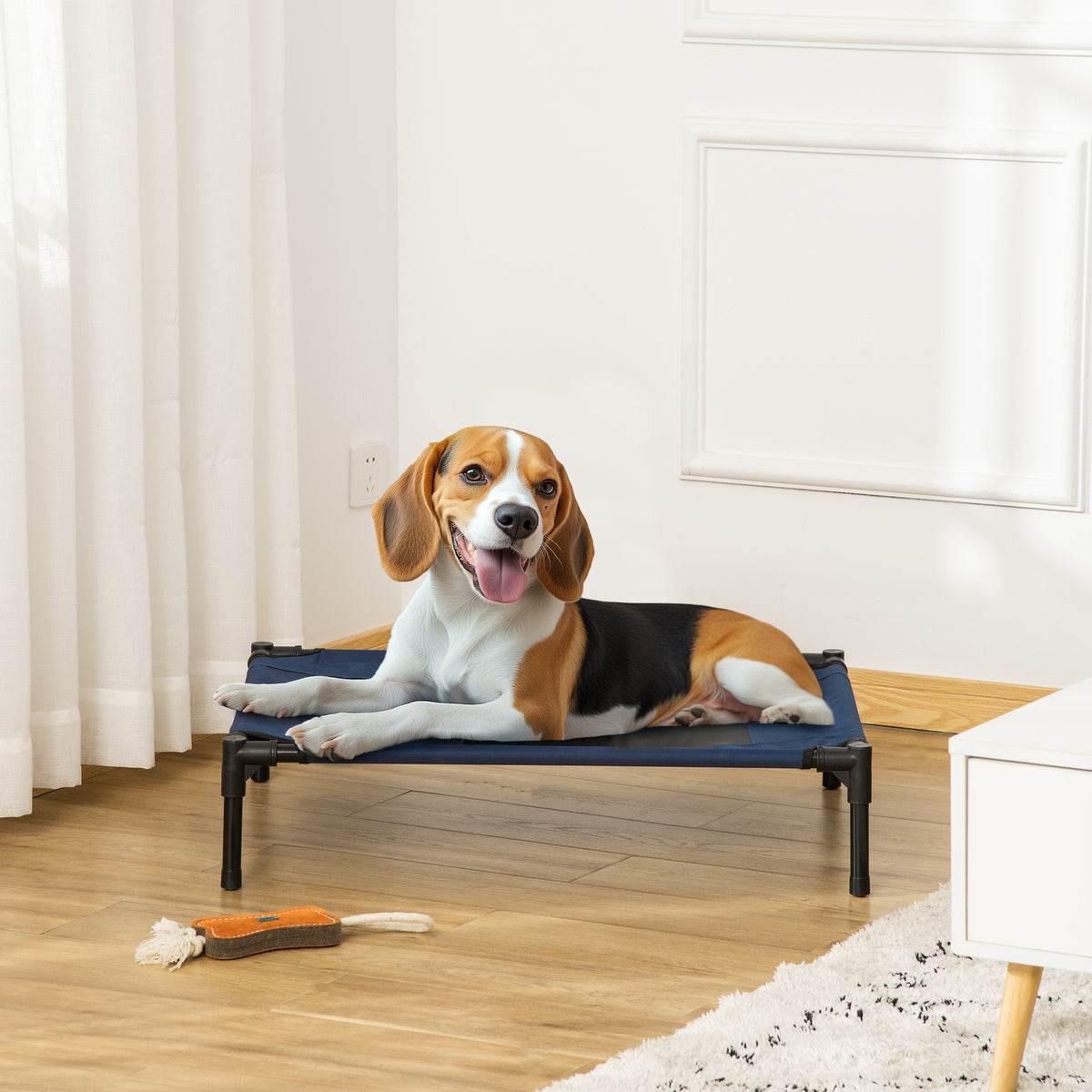Lit pour chien chat lit de camp grand confort sur pieds tissu oxford textilène micro-perforé 76L x 61l x 18H cm bleu marine noir-1