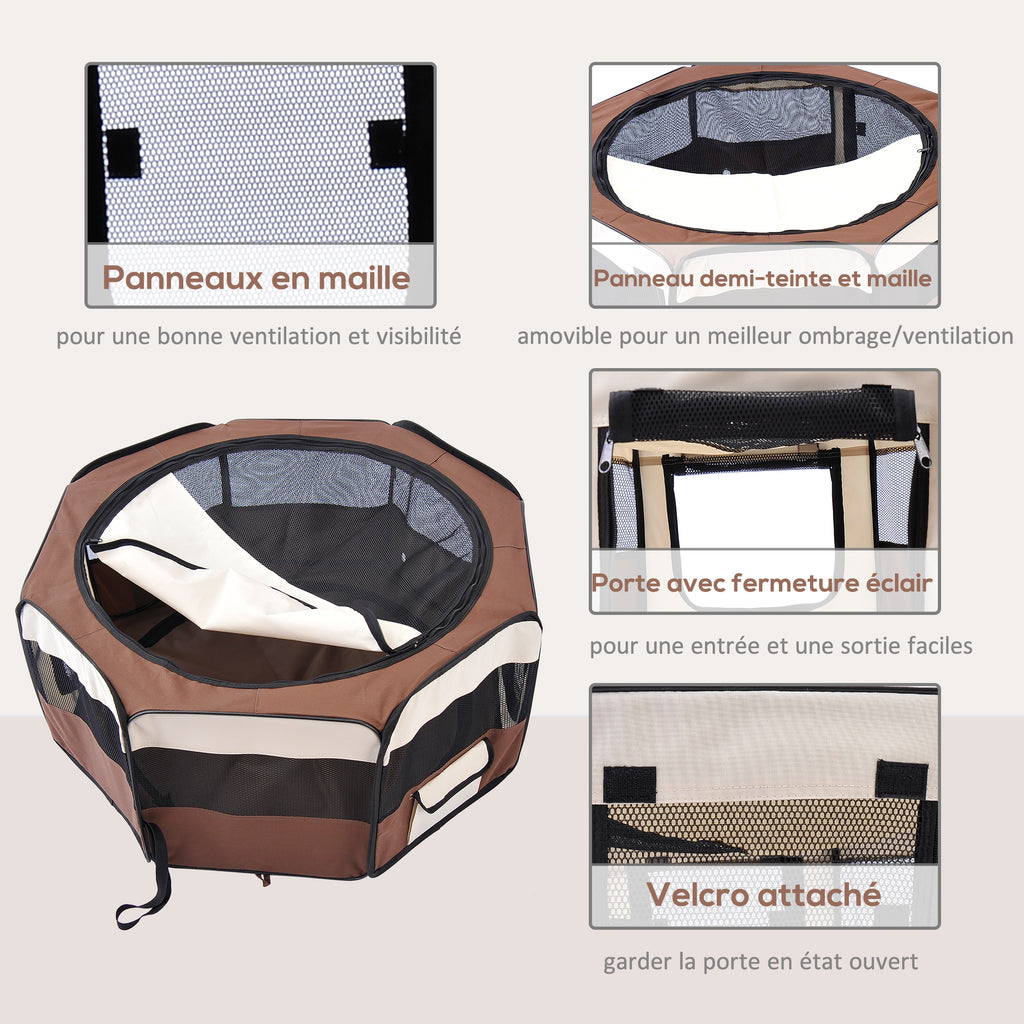 Parc enclos pliable pour chien chat petits animaux octogonal en tissu Oxford et acier Ø 90 x 41H cm marron beige-5