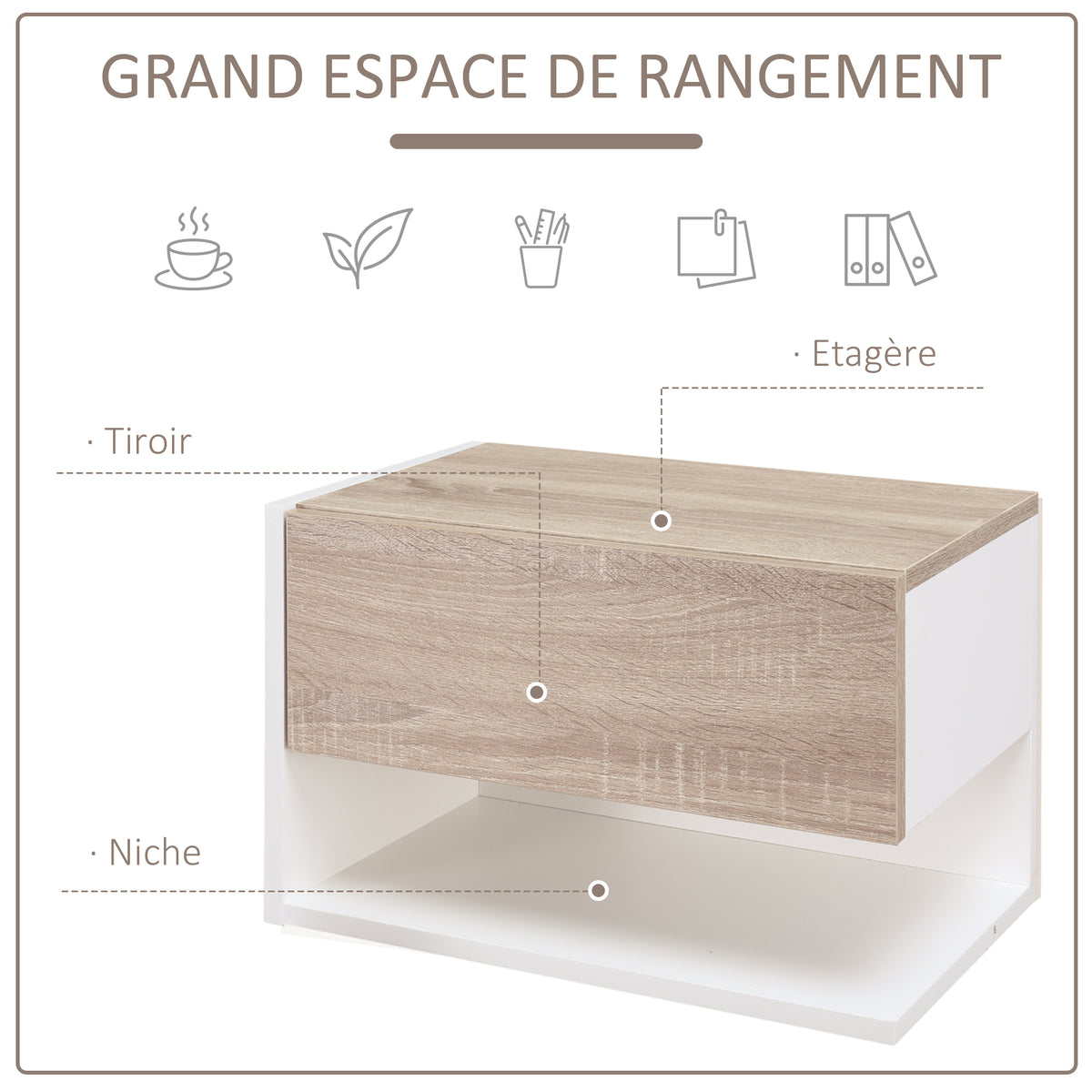 Tables de chevet suspendues Lot de 2 - Tables de Nuit murale - tiroir Coulissant - en Bois Bicolore Aspect chêne clair blanc-4