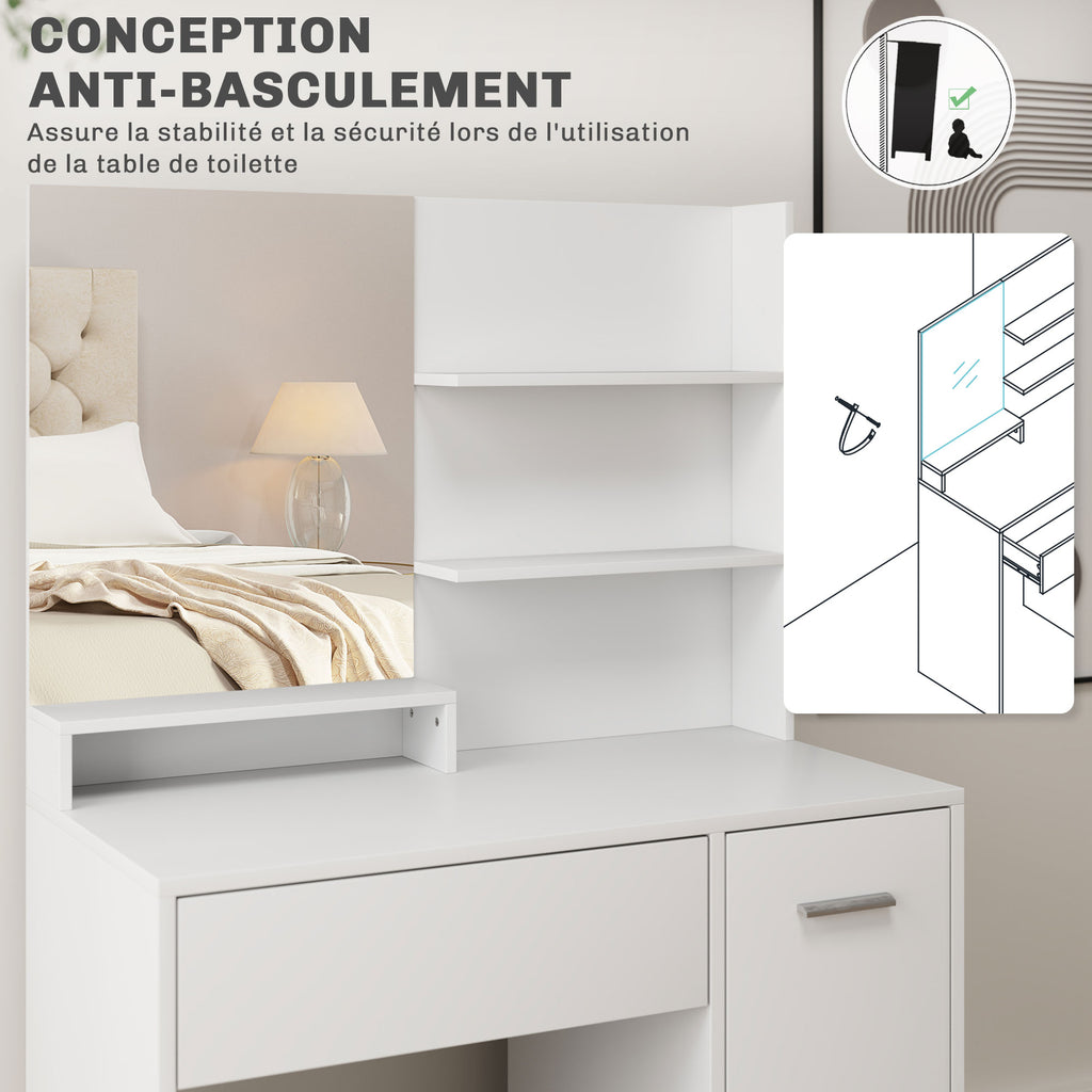 Ensemble coiffeuse avec miroir et tabouret, tiroir, armoire étagère réglable pour la chambre 80l x 40P x 132H cm, blanc-7