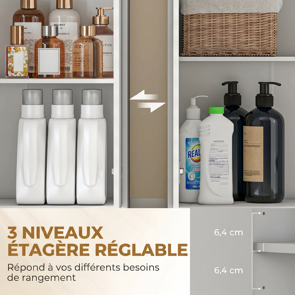Meuble de salle de bain haut, 2 portes à fermeture douce, tiroir, 3 compartiments ouverts et étagères réglables, blanc-4