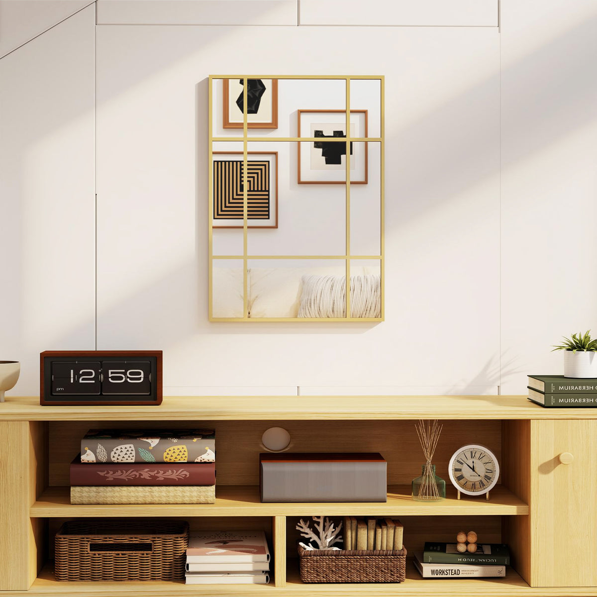 Miroir mural verrière rectangulaire style fenêtre, horizontal ou vertical avec 4 crochets, en métal doré - 50x70 cm-9