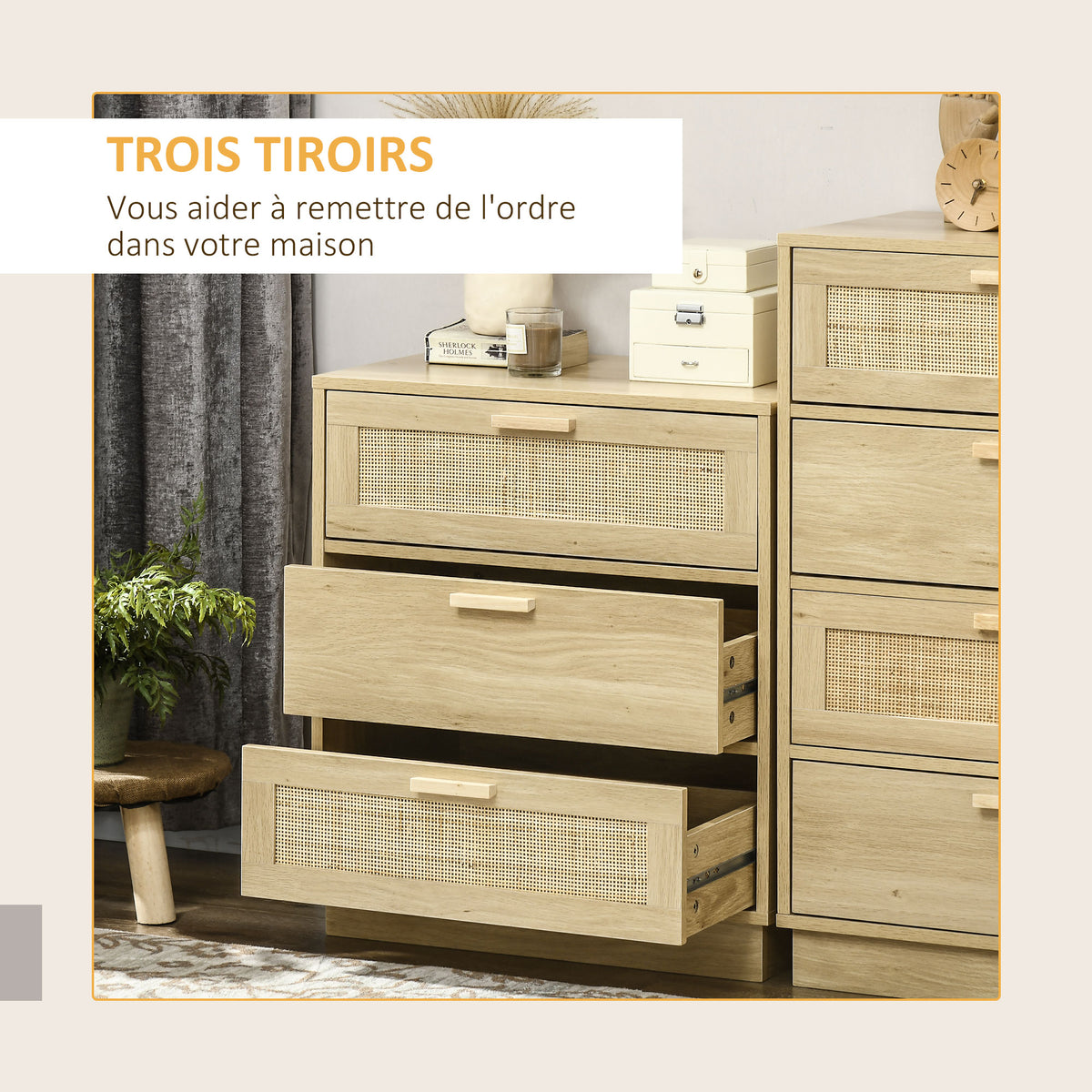 Commode design bohème en rotin avec 3 tiroirs, meuble de rangement pour le salon, le couloir, l'entrée, bois naturel-3
