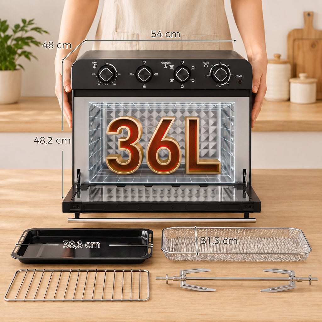 Friteuse à Air Chaud 36L, Four à Air Chaud 1800 W avec Rôtissoire, Plaque de Cuisson, Panier de Friture et Grille, Noir-2