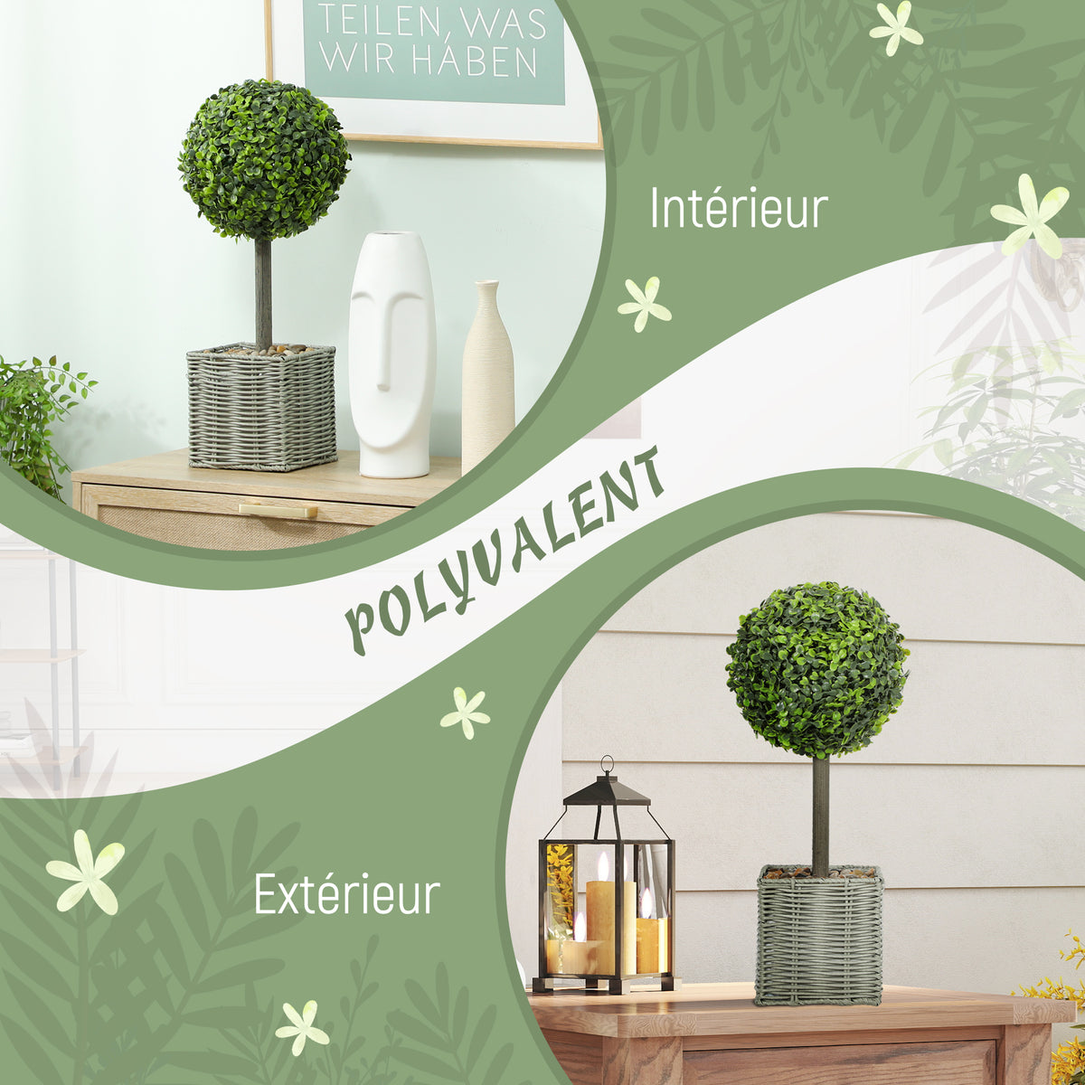 Lot de 2 plantes artificielles décoratives, boules de buis artificiel 50 cm avec pot en plastique tressé et galets, vert-4